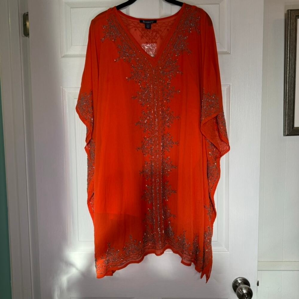 Roaman's Orange Beaded Caftan Top 2PC Set Plus 22/24 1X Sheer Tunic India